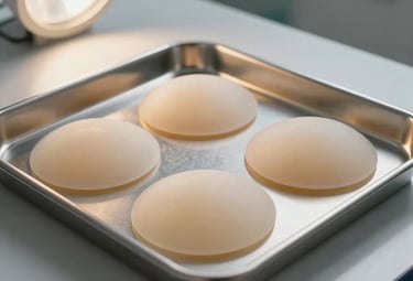 Minimalist photography of high-quality silicone breast implants on a sterile, clinical tray with soft light gold accents and bright lighting.