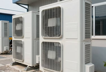 Professional technician performing maintenance on a commercial air conditioning unit.