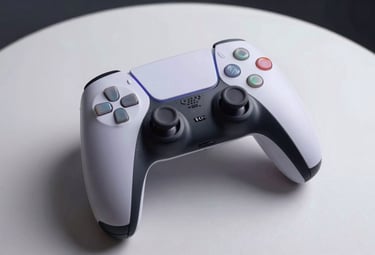 A modern gaming console controller resting on a soft pearl white surface, with glowing LED accents in soft lavender mist.