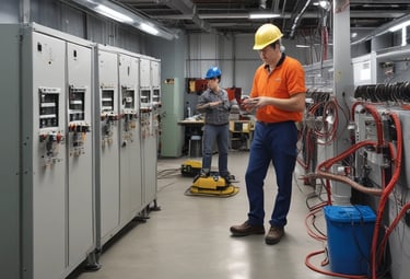 Technician inspecting electromechanical equipment in a modern facility.