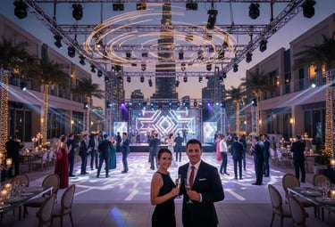 Elegant outdoor luxury wedding reception in Dubai with Burj Khalifa view and light show.