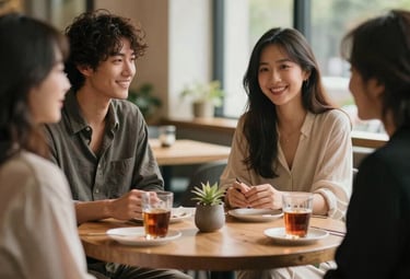 A beautiful, natural lifestyle shot showing people interacting in a sophisticated, modern setting. Warm natural light. North American / International.