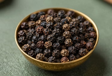Top-down view of premium Tellicherry black peppercorns in a traditional South Asian / Indian brass bowl. Sharp focus on the textured spice, with soft shadows and a muted green and gold color palette.