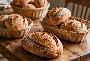 A rustic wooden table in a North American setting featuring golden-brown sourdough loaves and crusty pastries in woven baskets, natural side lighting.