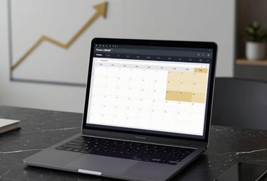 Dark-themed dashboard showing AI analytics and appointment stats glowing in gold.