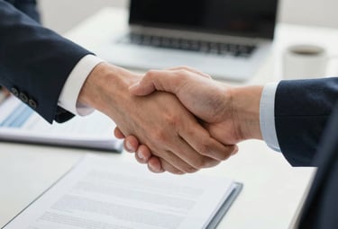 A friendly agent shaking hands with a homeowner in front of a modest house.