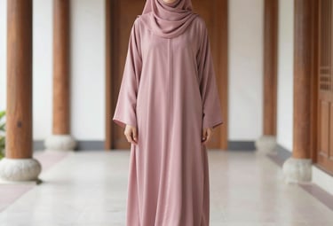 A full-length shot of a woman wearing a modest dusty rose abaya, standing in a brightly lit, minimalist indoor space with Southeast Asian wooden accents. The composition is clean and centered.