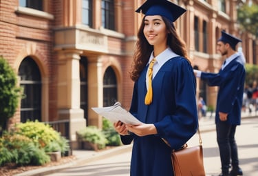 A student happily receiving their acceptance letter from an Australian university.