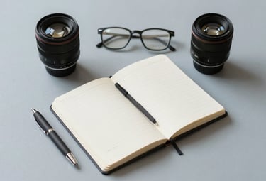 A clean, minimalist flat-lay of professional marketing tools and a notebook on a light blue-grey surface in a International / Global creative studio. The composition is structured and authoritative.