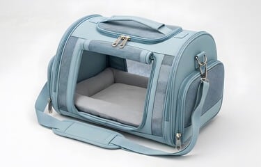 Een luxe lichtblauwe reistas voor honden en katten met ventilatiegaas en een zacht binnenkussen.
