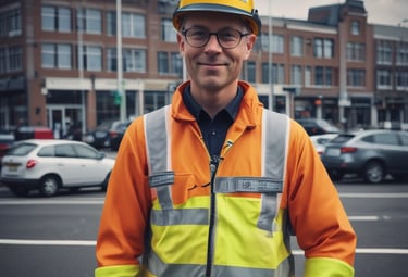 Close-up of a Dutch traffic controller in orange vest giving directions on a city street.