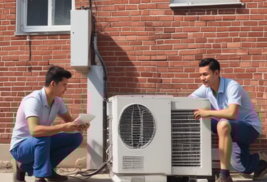 Students practicing air conditioning repair on units in a hands-on classroom setting.