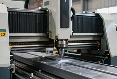 A detailed photograph of a large multi-axis CNC bending machine in a North American factory setting. The machine is actively shaping a thick piece of grey steel. The lighting is sharp and industrial, highlighting the precision of the engineering equipment.