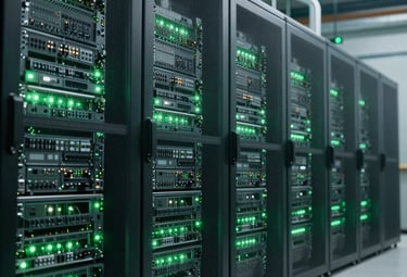 A team of engineers collaborating over AI platform blueprints with solar panels visible outside.