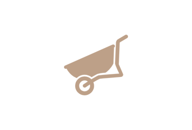 Minimalist tan wheelbarrow icon for gardening and construction equipment on a black background.