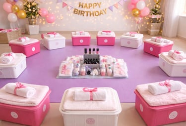 תמונה צבעונית של שולחן יום הולדת בעיצוב ספא לילדות. השולחן מעוצב בגווני ורוד, לבן וזהב, ועליו עוגה מ