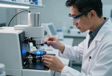 A close-up, high-angle professional photograph of a scientist in a sterile laboratory setting, wearing a lab coat and safety glasses, meticulously using advanced biotechnology equipment. The scientist, who is a North American / US individual, is focused on a precision instrument with glowing blue indicators. Composition is clean and modern, emphasizing detail and precision. Bright, diffused overhead lighting illuminates the workspace, highlighting the stainless steel and glass of the machinery. The style is sophisticated, clean, and forward-thinking, conveying scientific expertise and innovation.