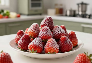 A professional product photograph of high-quality frozen strawberries and mixed vegetables in a clean, industrial setting, bright lighting, muted olive and off-white color palette.