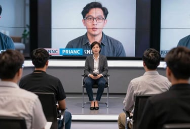 Sound engineer recording voice-over in a professional studio with bilingual scripts.