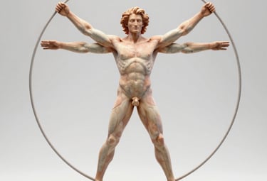 Renaissance style sketch of the Vitruvian Man illustrating human proportions and anatomy.