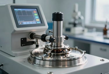 A close-up of a high-performance centrifuge in a modern biotech lab, featuring a sleek digital interface and polished metallic finishes. Soft natural light, professional international research setting.
