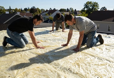 Technician inspecting a flat roof with a moisture meter during a free roof inspection.