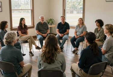 A group of parents sitting in a circle in a comfortable community center in Georgia, engaged in a supportive workshop. Soft afternoon light, professional photography style.