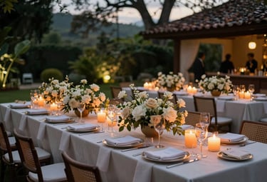 A high-end outdoor social celebration in a lush Latin American garden at twilight. Tables are decorated with cream-colored flowers and warm orange candles, creating an atmosphere of modern elegance and sophisticated charm.
