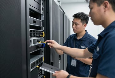 Technician repairing a large format plotter in a bright workshop.
