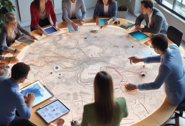 A futuristic workspace featuring AI-powered devices and creative brainstorming.