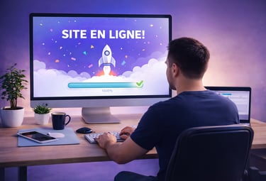 Professionnel mettant un site web en ligne sur ordinateur.