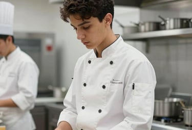 Professional photography of a student in a crisp white culinary uniform inside a high-end, modern training kitchen in Cyprus. The lighting is bright and clean, emphasizing a premium hospitality education environment.