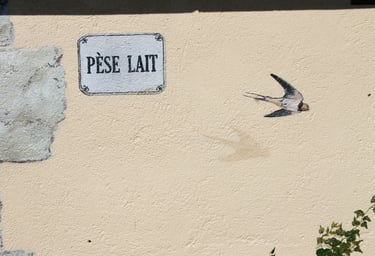 Peinture sur façade, d'une hirondelle en vole et d'un petit panneau en trompe-l'oeil