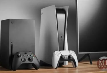 Es una imagen de una play 5 , un mando de play 5 y un TV