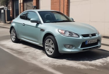 A technician carefully washing a car exterior at a customer's home.