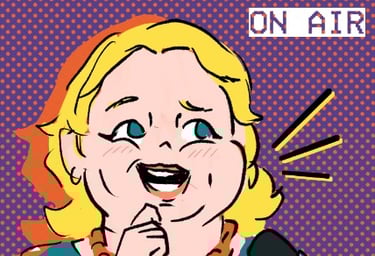 A woman holding talking, on air sign.