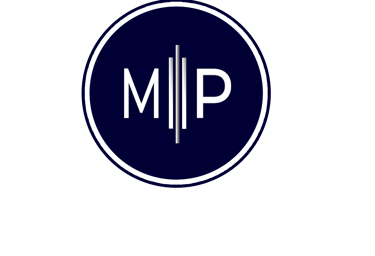 Macy & Peters professional law firm logo featuring a blue circular MP monogram on a black background.