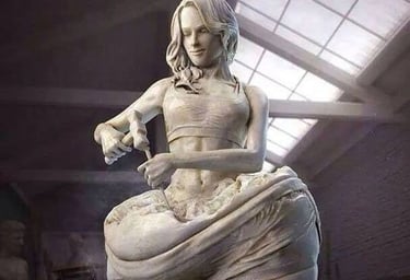 Escultura realista de mulher se esculpindo de dentro para fora, simbolizando transformação pessoal 