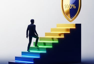 real estate agent silhouette ascending glowing stairs toward a 100% shield, representing broker cap