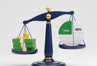 a balance scale comparing a stack of money to a commission pie chart, representing a broker split