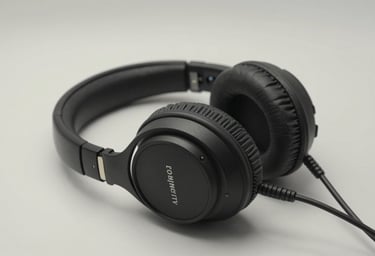 A pair of premium professional studio headphones resting on a clean, soft mist white surface with soft ambient lighting.