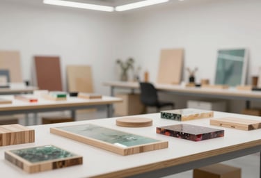 A wide, artistic photograph of a clean and modern studio space filled with handcrafted wood and resin projects, reflecting a feminine and professional creative environment.