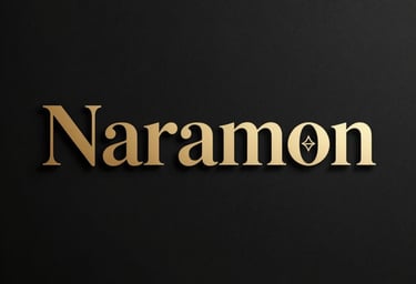 An elegant minimalist logo featuring the name Naramon in sophisticated Latin typography with subtle gold Moroccan geometric accents on a deep black background.