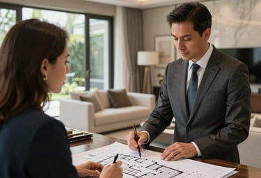 Elegant Moroccan villa with warm beige tones and subtle gold accents at sunset.