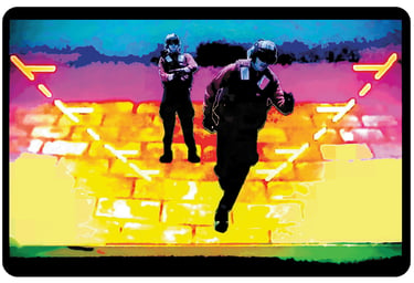 Pop art of an United States Air Force soldier running on the flight deck of an air craft carrier.