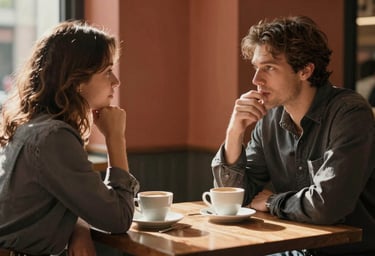 A cinematic candid shot of two people talking over coffee, warm terracotta and charcoal tones, sun-drenched cafe atmosphere.