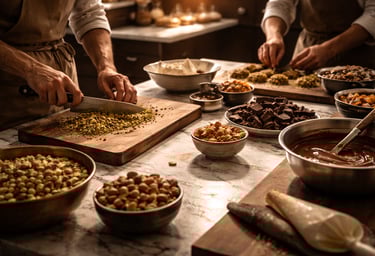 Professional pastry chefs chopping pistachios and preparing chocolate ganache for artisan desserts.