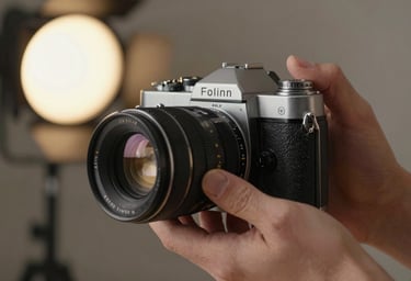 A detailed shot of a photographer's hand adjusting a vintage film camera lens, warm North American / US indoor studio lighting, professional and artistic.