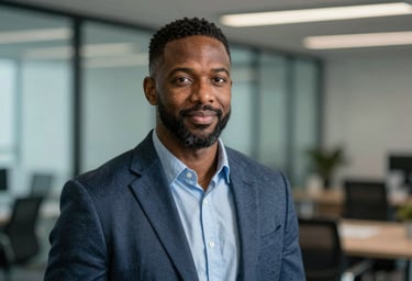 A professional portrait of George Byrd in business casual attire, looking confident and approachable. Background is a blurred modern office with muted teal and soft steel blue accents.