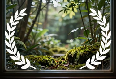 A soft-focus, atmospheric image of a sunlit garden visible through a studio window, with the silhouettes of indoor plants in moss green tones creating a sense of peace.